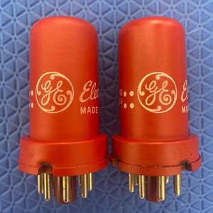 Matched Pair General Electric GE 5693 6SJ7 Vacuum Tubes Valves Red Bottle
