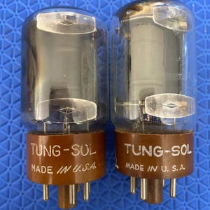 May include: Two vintage TUNG-SOL vacuum tubes. Each tube has a clear glass bulb, a brown base, and multiple pins. The text "TUNG-SOL MADE IN U.S.A." is printed on the base of each tube. The tubes are on a blue surface.