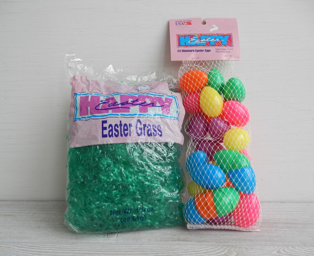 Vintage Mini Plastic Easter Eggs and Green Easter Grass Made Etsy