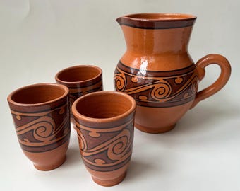 Vintage La Pena Ceramica of Veraguas Pottery Pitcher & 3 Tumblers Panama -T01