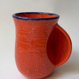 Handmade Signed CM 2015 Pottery Speckled Red/Blue Left Hand Mug -CT