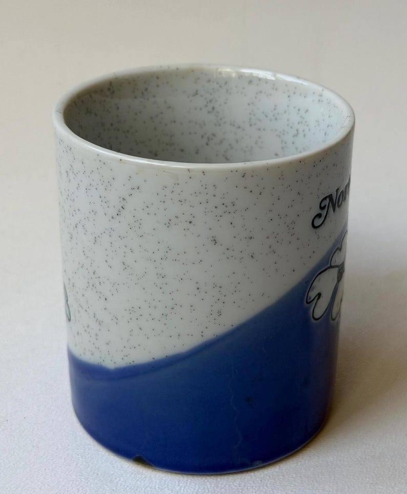May include: A ceramic mug with a speckled white and blue design. The bottom half is solid blue, and the top half is white with black speckles. The mug has a floral design and the word "Nor" on it.