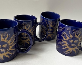 Lot of 4 Sanyei Mugs Ceramic Navy Blue and Gold Celestial Sun Moon 12 oz. -T09
