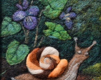Wool Painting ~ Needle Felting ~ Wool Picture ~ Wool landscape ~ Snail and Violets ~ Forest Floor ~ Gift for Gardener