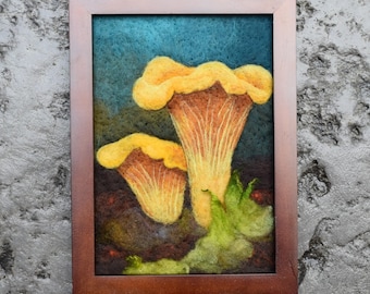 Needle felted wool painting, mushroom wall art