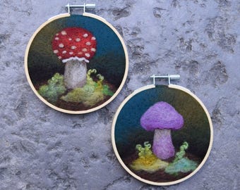 Needle Felted Mushroom Art: Wool Painting in Embroidery Hoops