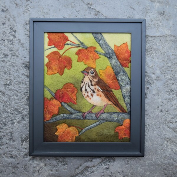 Wool Painting, wool picture, needle felting, fiber art painting, autumn, fall leaves, bird art, hermit thrush, felted art