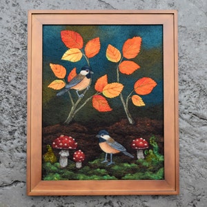 Wool Painting, Wool Picture, Needle Felting, Fiber art painting, felt picture, bird art, forest, woodland, toadstools, autumn, fall leaves