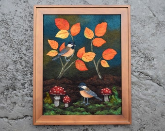 Wool Painting, Wool Picture, Needle Felting, Fiber art painting, felt picture, bird art, forest, woodland, toadstools, autumn, fall leaves