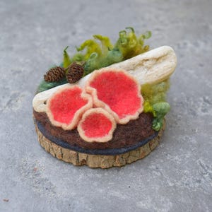 May include: A felted mushroom brooch featuring three bright red mushrooms with tan edges, set on a wooden base with green and yellow accents. Two small pinecones and a piece of driftwood complete the woodland scene.