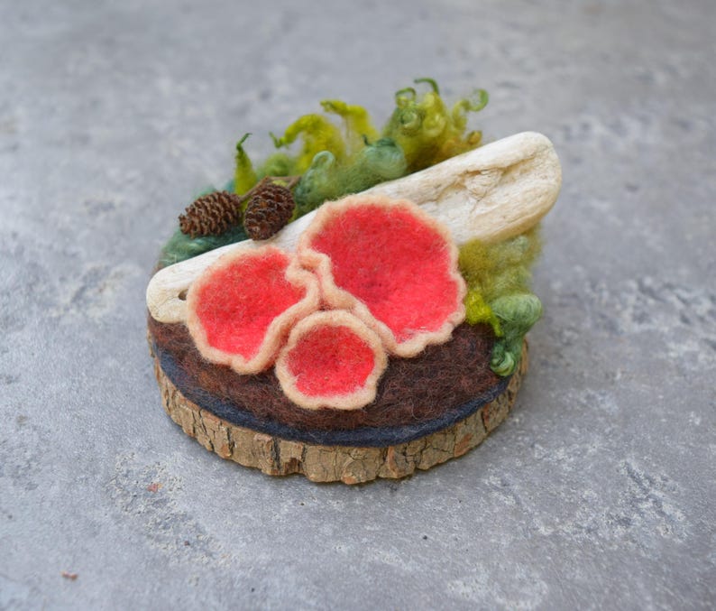 May include: A felted mushroom brooch featuring three bright red mushrooms with tan edges, set on a wooden base with green and yellow accents. Two small pinecones and a piece of driftwood complete the woodland scene.
