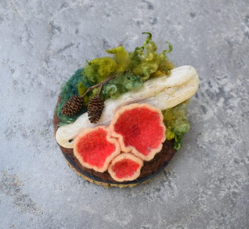 May include: A felted brooch featuring a forest scene. The brooch has red mushrooms, green moss, two small pinecones, and a piece of driftwood. The base is a circular shape with brown, blue, and tan colors.