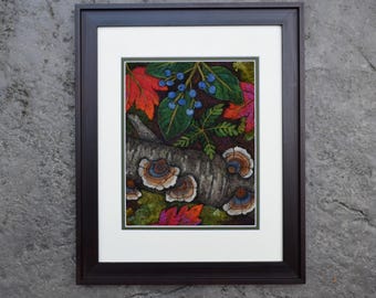 Needle Felted Wool Painting, Forest Floor, mushrooms and berries, woodland art