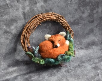 Needle Felted Wool Sculpture, Sleeping Fox Wreath, Felted Wall Art