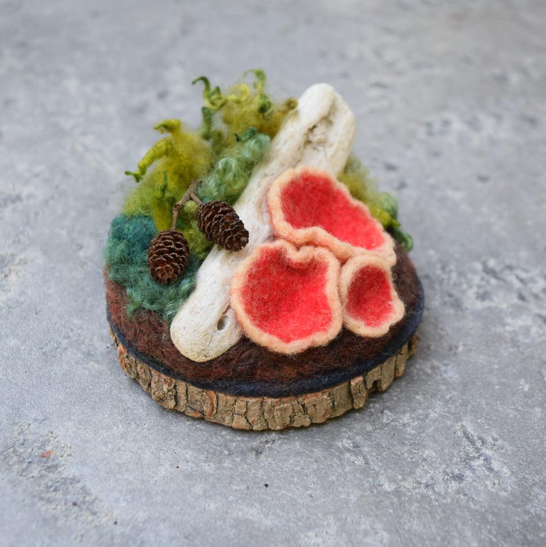 May include: A felted mushroom scene with red, cup-shaped fungi, green moss, and small pinecones. The scene is set on a round, wooden base with a bark edge. The colors are vibrant, with a focus on the red mushrooms.