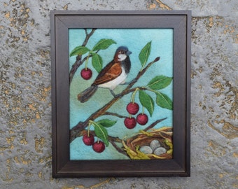 Peinture sur la laine, Image de laine, Feutrage à l’aiguille, Art de la fibre de feutre, Art des oiseaux, Printemps, Cerisier, Nid d’oiseaux, Art mural feutré