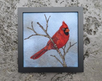 Needle Felted Wool Painting, Red Cardinal, winter bird art
