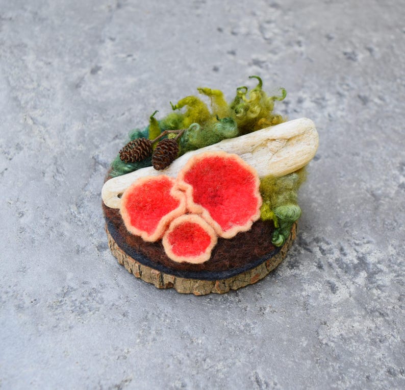 May include: A felted mushroom scene with three red mushrooms with tan edges, set on a wood slice base. Green moss and two small pinecones add detail. A light-colored wooden piece is also included.