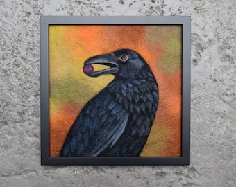 Needle felted wool painting, crow and berries, autumn bird art