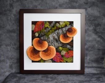 Needle Felted Wool Painting, forest floor in autumn, mushroom wall art