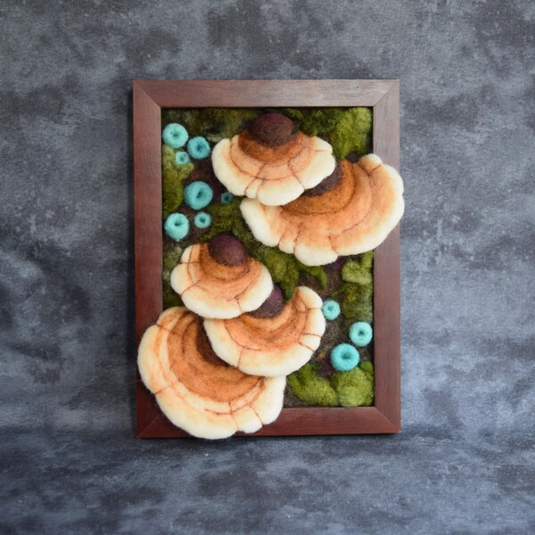 Needle Felted Wool Painting, woodland mushroom wall art