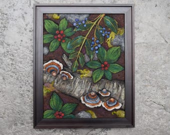 Needle Felted Wool Painting, Forest Floor, mushrooms and berries, woodland art