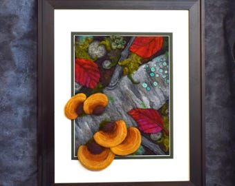 Needle Felted wool painting, mushroom wall art, forest floor autumn landscape art, fall leaves
