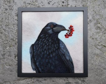 Needle felted wool painting, crow and berries, framed fiber art