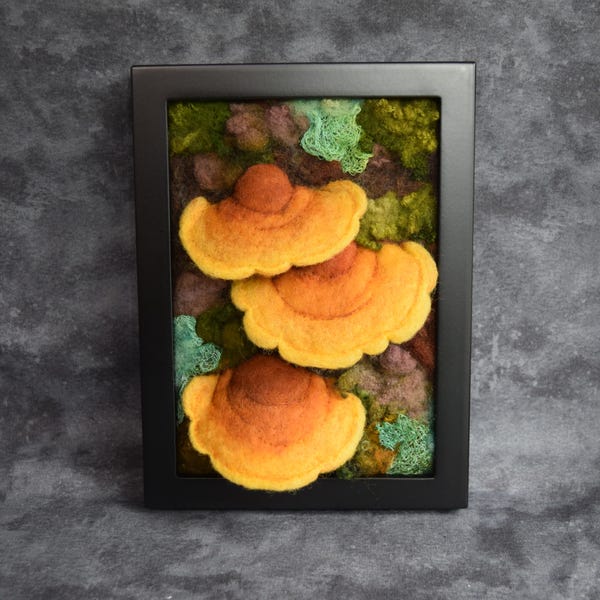 Needle Felted Wool Painting, woodland mushroom wall art