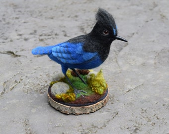 Wool Sculpture, Bird sculpture, needle felting, felted bird, Steller's Jay, Bird art,