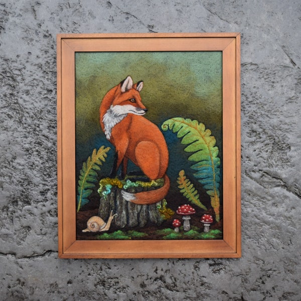 Wool Painting, Wool Picture, Needle felting, Fiber art paining, Red fox, snail, wildlife art, felted wall art, woodland, forest, landscape