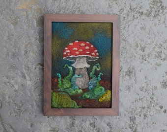 Wool Painting, Wool Picture, Needle felting, fiber art painting, toadstool, mushroom, felted wall art, moss, forest scene