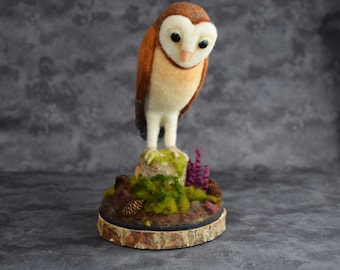 Needle felted wool owl sculpture, barn owl on a mossy stump