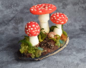 Needle Felted Wool Mushroom Sculpture, toadstool and snail felt forest scene