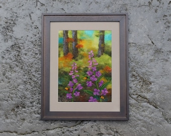 Wool Painting, wool picture, needle felting, fiber art painting, landscape art, fireweed, floral art, forest scene, felted wall art