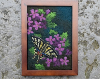 Needle Felted Butterfly Wool Painting: Floral Fiber Art
