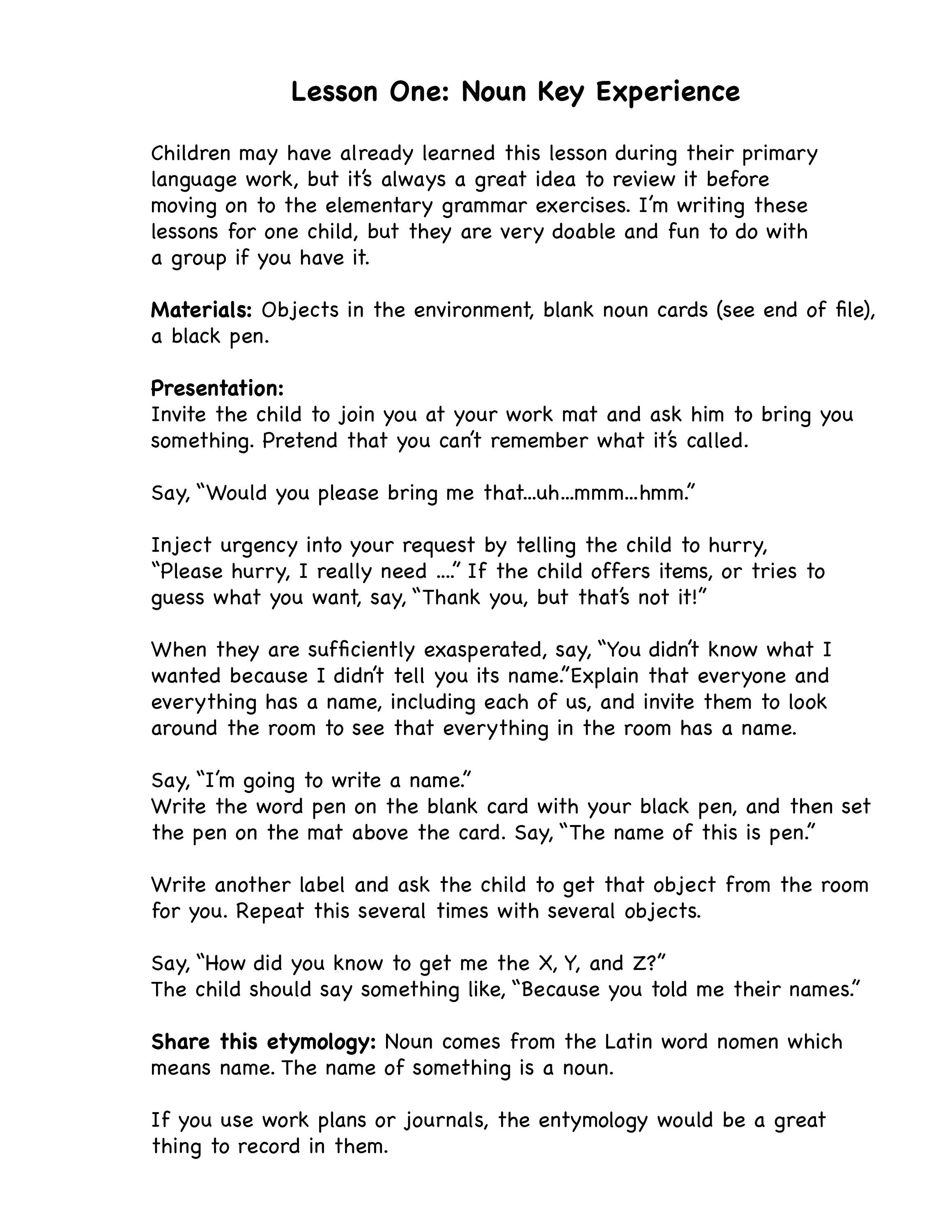 montessori noun lesson guide montessori printable noun key etsy