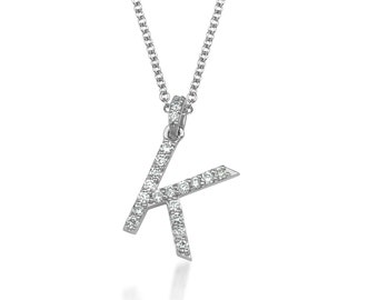 14K White Gold Diamond Initial Necklace, Lab Grown Diamond Letter Necklace, Diamond Initial Pendant,  Letter K Necklace