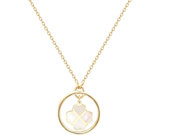 14K Solid Yellow Gold Minimalist Mother of Pearl Four Leaf Clover Necklace