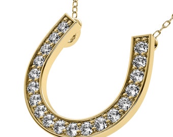 14K Solid Yellow Gold Diamond Horseshoe Necklace Lab Grown Diamond Horseshoe Necklace, Lucky Charm, Horseshoe Charm, Diamond Necklace