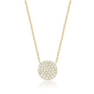 May include: A gold necklace with a circular pendant set with numerous small diamonds. The pendant hangs from a fine gold chain, creating a simple and elegant design. The necklace is displayed against a white background.