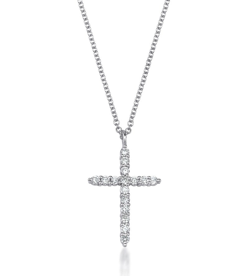 K&ouml;nnte beinhalten: Eine silberfarbene Halskette mit einem Kreuzanh&auml;nger. Das Kreuz ist mit zahlreichen klaren, runden Edelsteinen besetzt, die einen funkelnden Effekt erzeugen. Die Kette ist fein und mit Gliedern versehen, und der Anh&auml;nger h&auml;ngt an einer kleinen Schlaufe.
