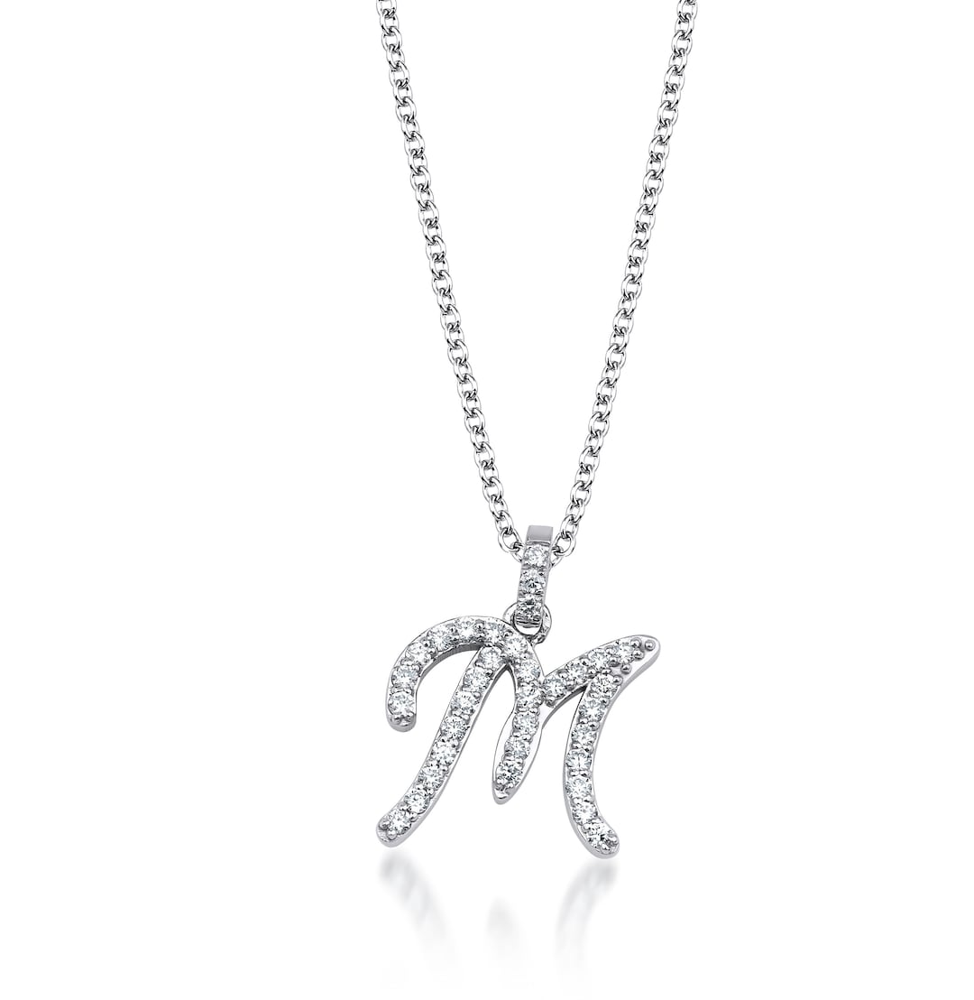 14K Solid White Gold Diamond Initial Necklace,diamond Letter Necklace