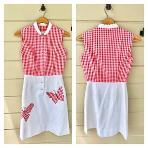 May include: A red and white gingham sleeveless dress with a white skirt featuring embroidered butterflies. The dress has a button-up front and a Peter Pan collar.