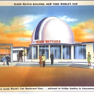 Vintage 1939 New York Worlds Fair Elgin Watch Building Postcard