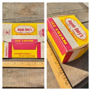 May include: A vintage yellow and red ice cream carton with the text 