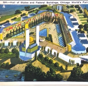 Vintage 1933 Chicago International Expo Worlds Fair Hall of States and Federal Building Postcard