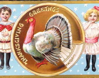 Postal vintage de Acción de Gracias de 1909 con pavo en relieve