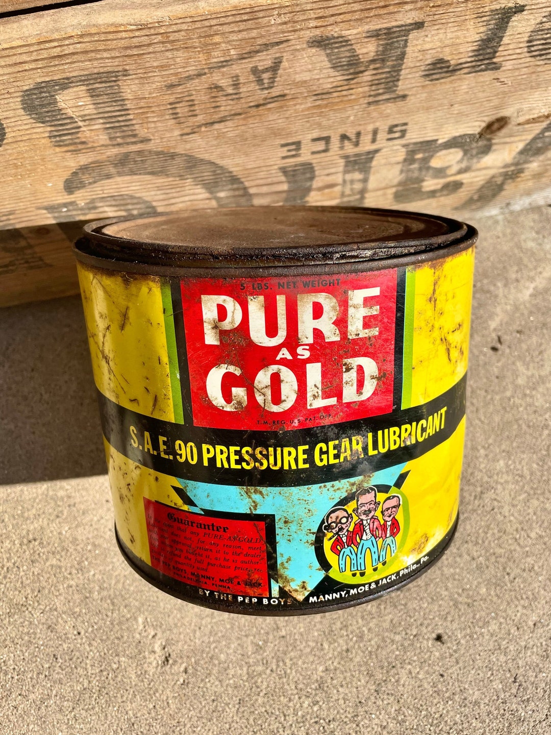 Vintage Pep Boys Pure as Gold S.A.E. 90 Pressure Gear Lubricant Tin Oil