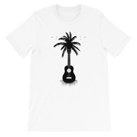 Ukulele Hawaiian Palm Tree Roots Music T-Shirt - White Print Ukulele Hawaiian Palm Tree Roots Music T-Shirt - White Print